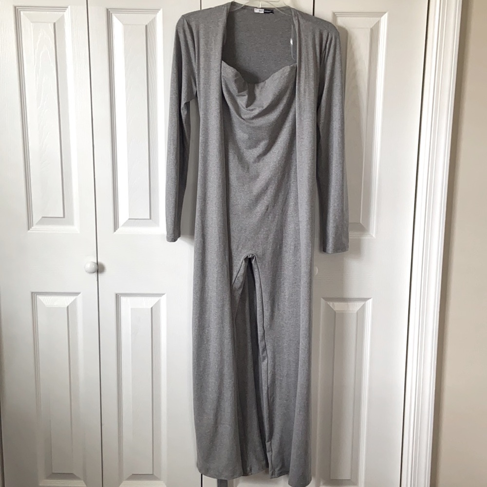 Gray Strapless Jumpsuit with Matching Cardigan
